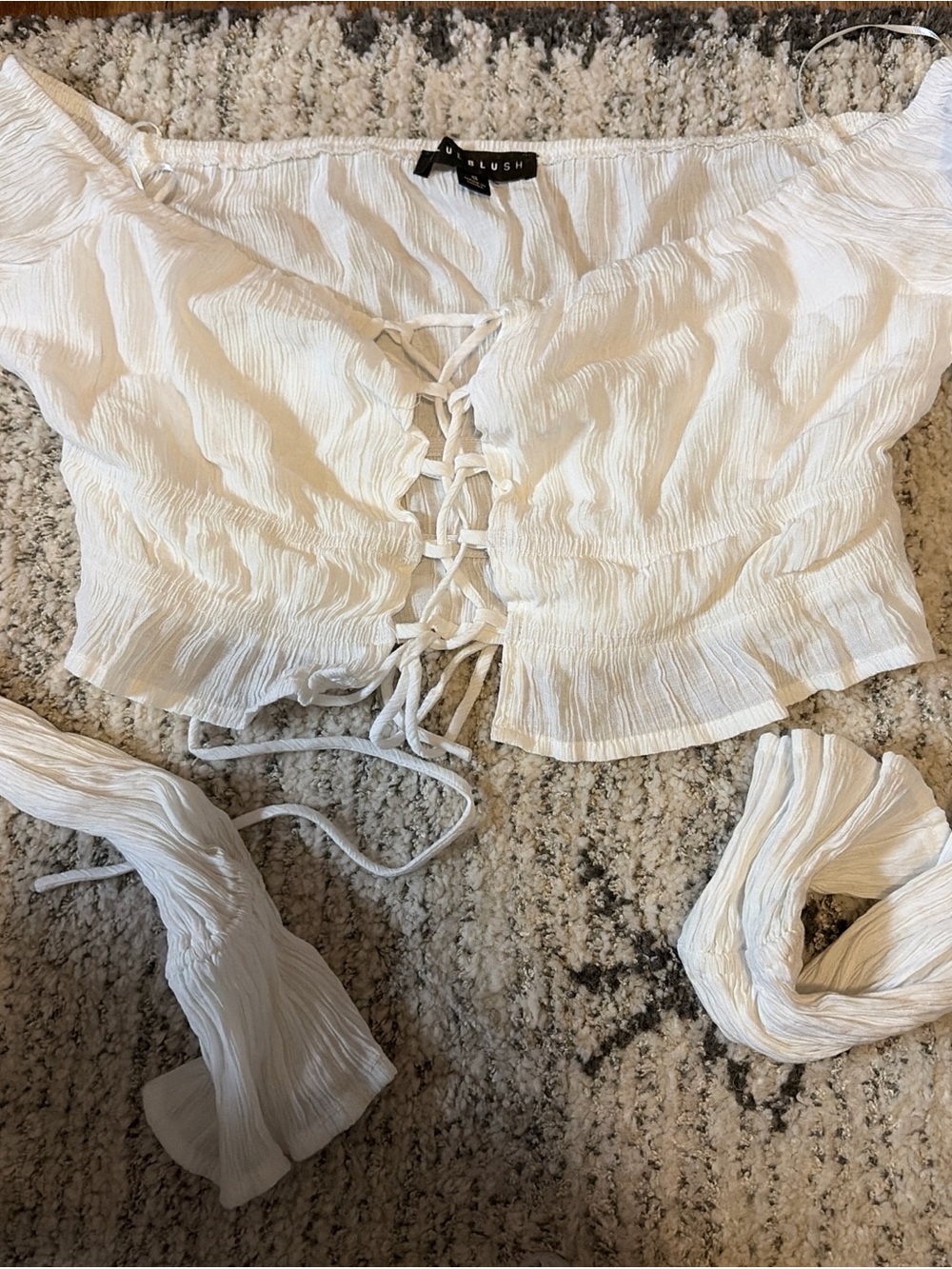 Blue Blush White Crinkle Lace-Up Off-Shoulder Crop Top